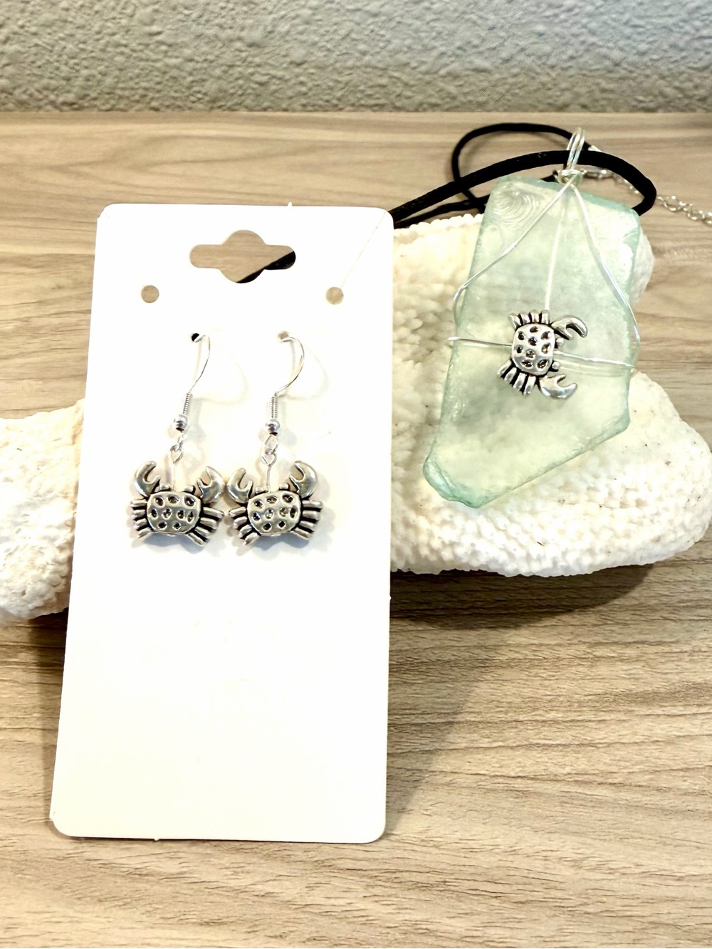 36. Silver Crab Charm Earrings and Sea Glass Pendant Set - Mint Green